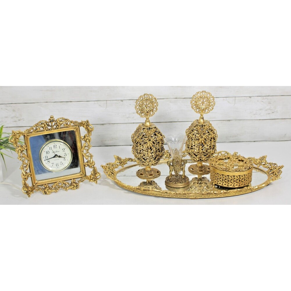 Vintage Stylebuilt NY Ormolu Filigree Vanity Dresser Set 6 Pc 24kt Gold Plated